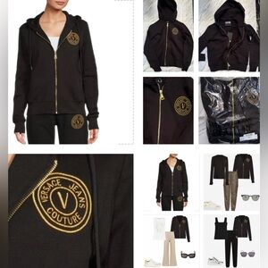 VERSACE BLACK AND GOLD LOGO ZIP SWEATSHIRT WITH FRONT POCKETS AND HOOD